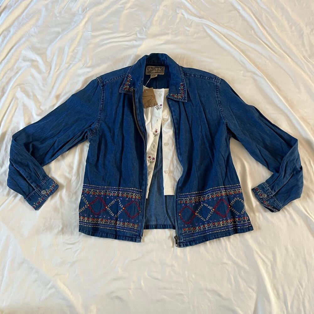 NWT Vtg Y2K 2000s Floral Embroidered Denim Shirt Jacket Wmns M Cottagecore